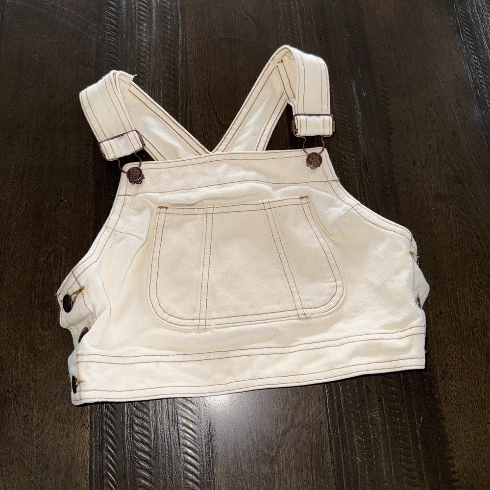 VINTAGE 90s NADA NUFF Cream Denim Overall Bib Crop Top Vest Small Festival✅ Des - Picture 3 of 9